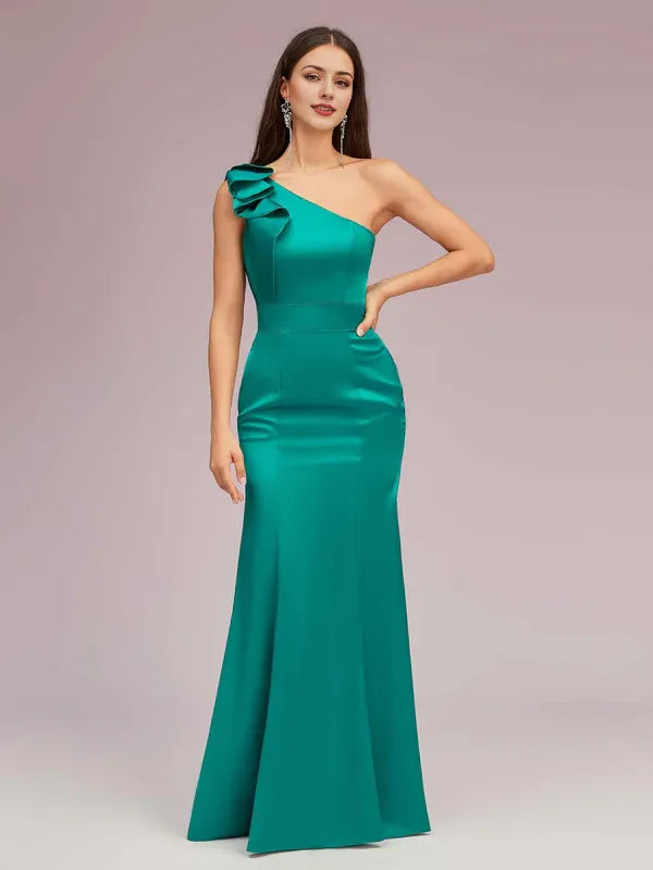 Robe Weitese élégante à une épaule, robe longue sirène en satin, robe de soirée à volants sans manches, robe de bal